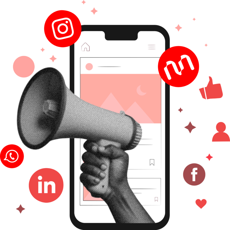 Megaphone bursting out of a phone surrounded by social media icons